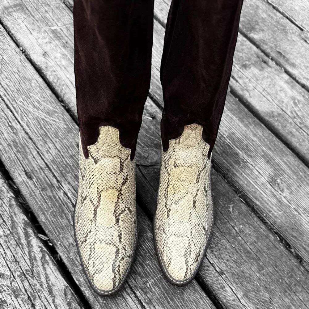 Vintage Larry Mahan Brown Suede and Reptile Leather Women's Cowboy Boots - Picture 3 of 8